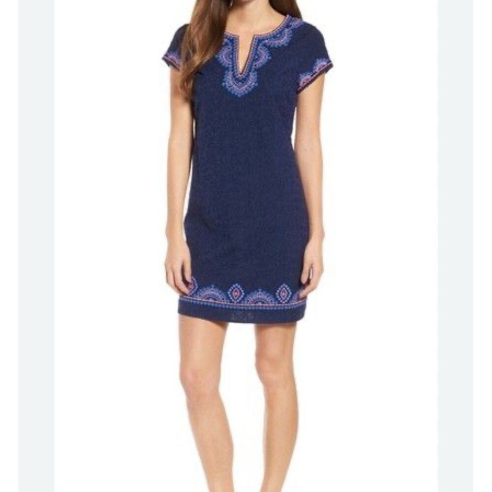 Vineyard Vines Island Embroidered Tunic Dress Mini Navy Pink Side Zip Size 4